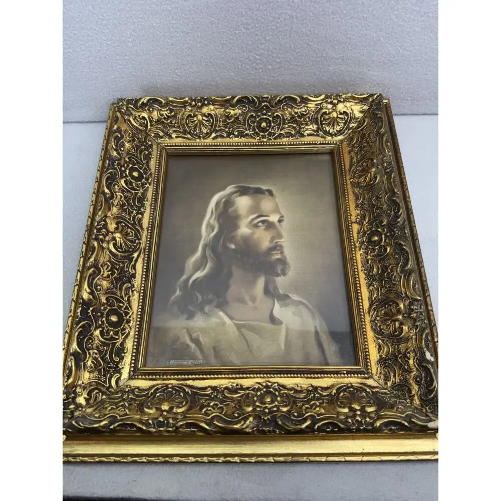Vintage Jesus Portrait Print Ornate Gold Frame Christian Religious Wall Art